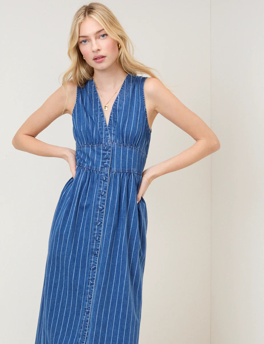 Blue Denim Sleeveless Pinstripe Starlight Midi Dress | Nobody's Child