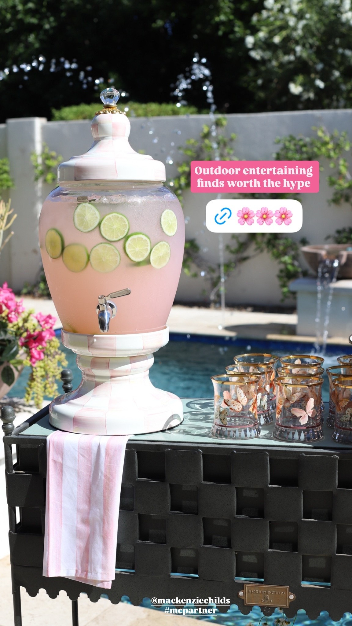 Pink has officially spilled into the backyard 💗 sorry, not sorry honey! Margaritas in butterfly cups just hit different 🦋✨ tags: Mackenzie Childs rosy check, outdoor drink / bar cart setup

#LTKfoodie #LTKHome #LTKSeasonal