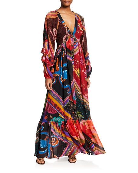 Farm Rio Diagonal Scarves Multicolor Tiered-Sleeve Maxi Dress | Neiman Marcus