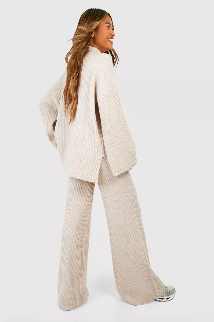 Soft Rib Knit Wide Leg Pants | boohoo (US & Canada)