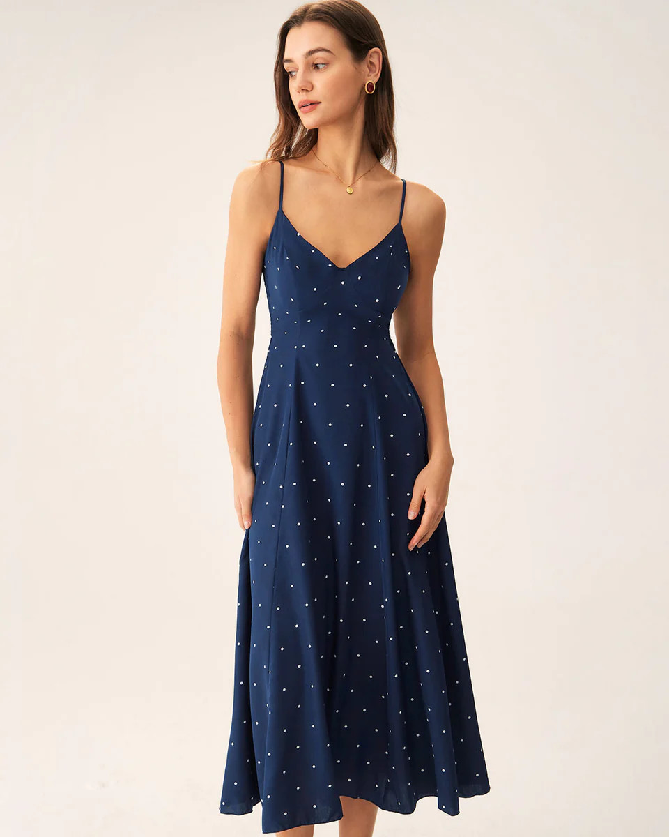 Navy Polka Dot Shirred Slip Midi Dress | rihoas.com