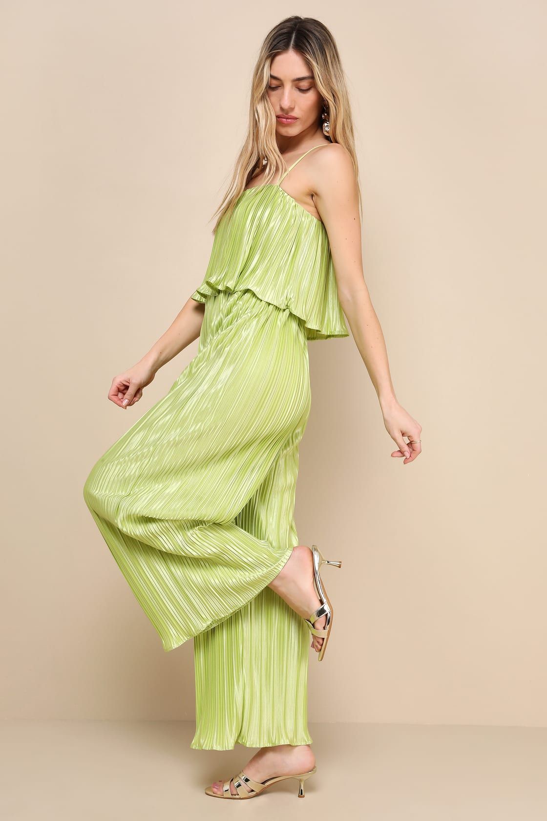 Fun Flirt Lime Green Satin Plisse Sleeveless Jumpsuit | Lulus