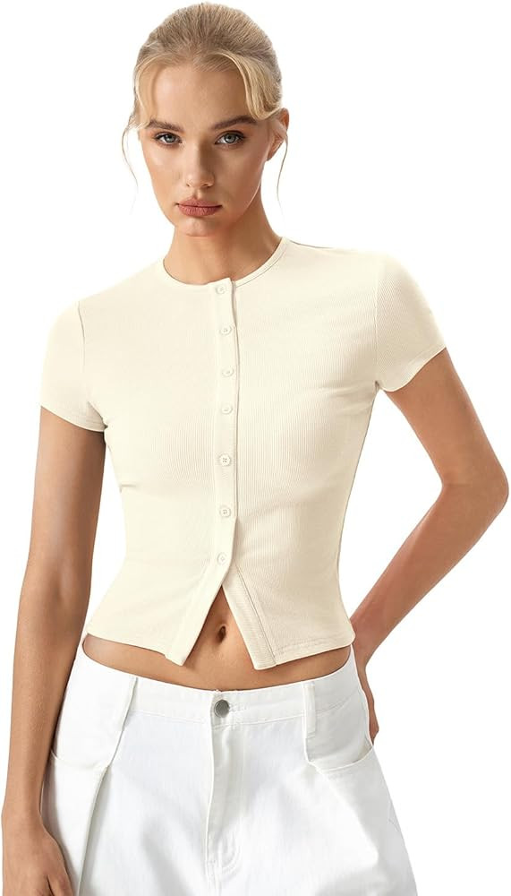 QINSEN Women's Crewneck Short Sleeve T Shirts Ribbed Button Going Out Trendy Tops | Amazon (US)