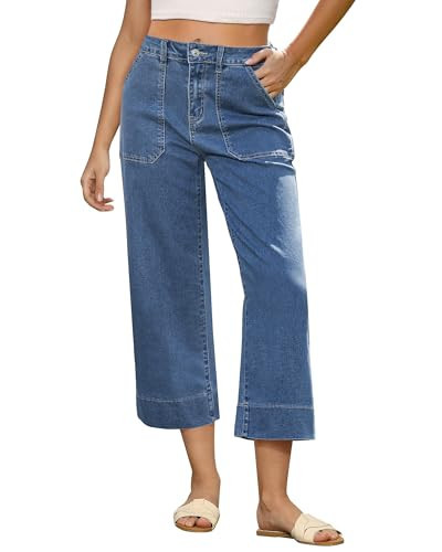 GRAPENT Jean Capris for Women - Stretchy Denim High Waisted Wide Leg Pants - Color Reef Blue X-Large Size 16 to 18 | Amazon (US)