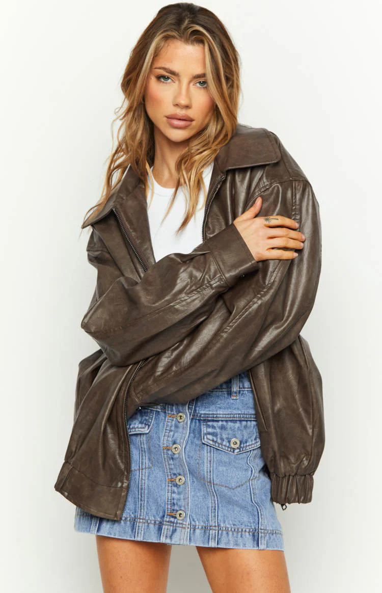 Abbi PU Vintage Brown Bomber Jacket | Beginning Boutique (US)