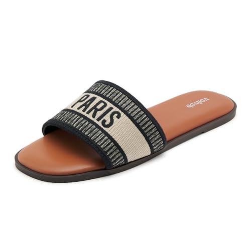 vodvob Women's Flat Sandals Embroidered Square Open Toe Slip On Slides Fashion Slippers for Summer Casual Beach Slide Sandals, BlackGold 10 | Amazon (US)