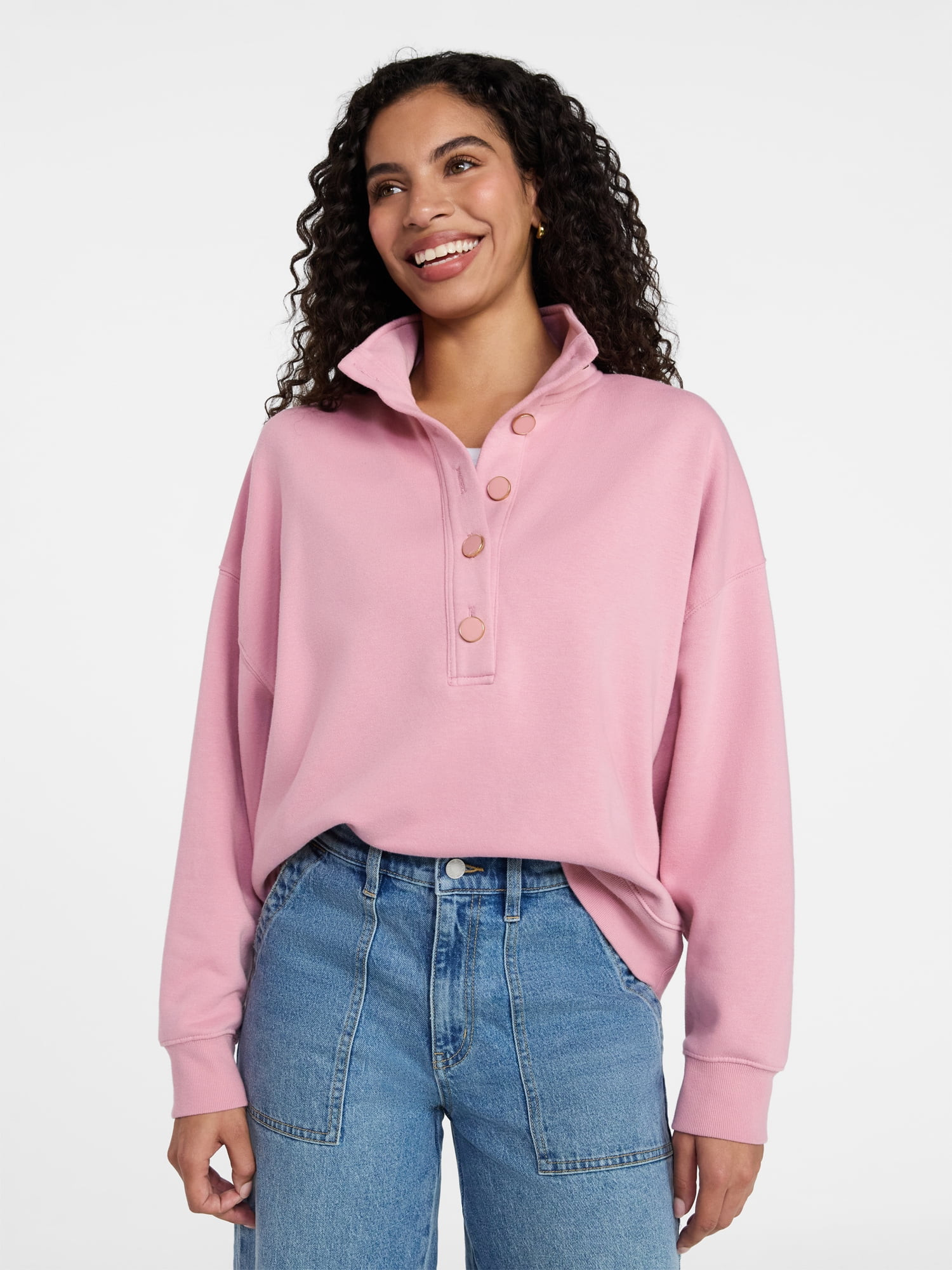 Time and Tru Women's Quarter Button Fleece Top with Long Sleeves, Size XS-4X | Walmart (US)