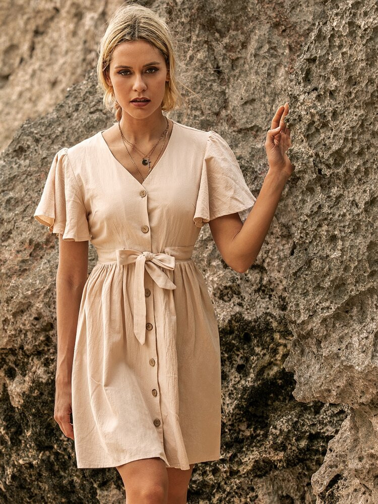 Button Front Butterfly Sleeve Belted Dress | SHEIN