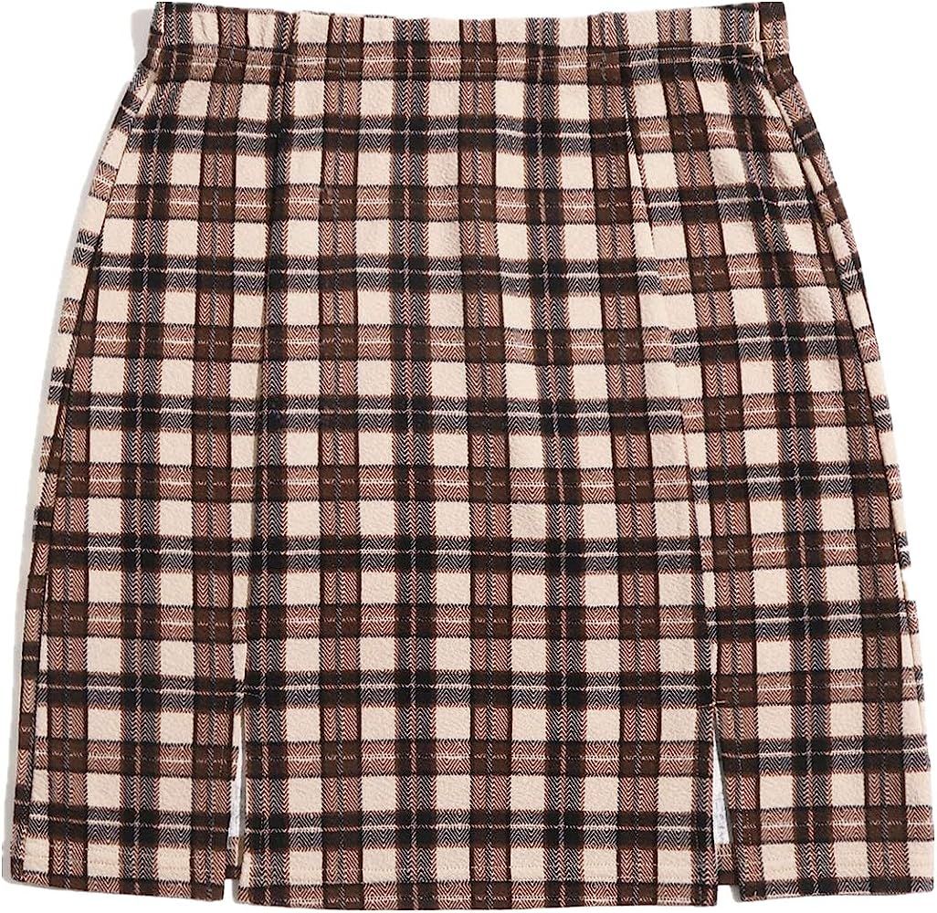 Amazon.com: SheIn Women's Tartan Plaid Split Hem Above Knee Bodycon Skinny Mini Skirt Brown M : C... | Amazon (US)