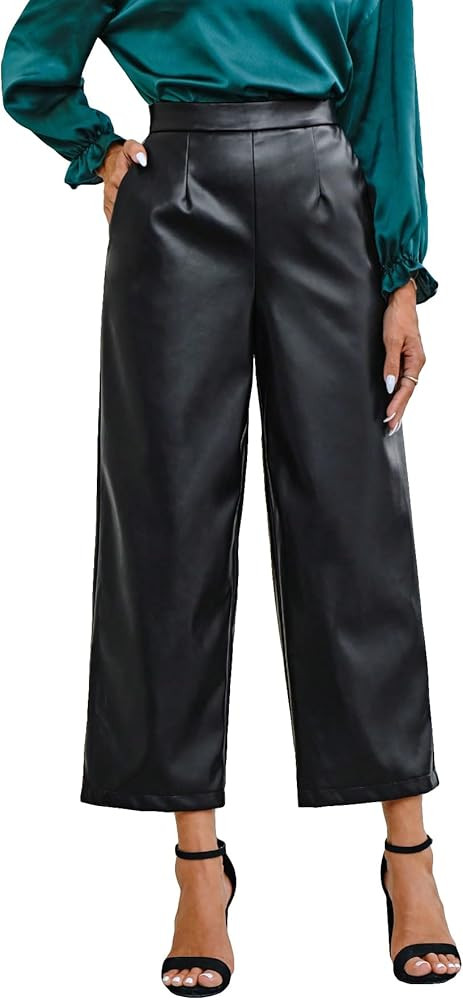 WDIRARA Women's Pu Leather Cropped Pants Straight Leg Trousers Slant Pocket Solid Pants | Amazon (US)