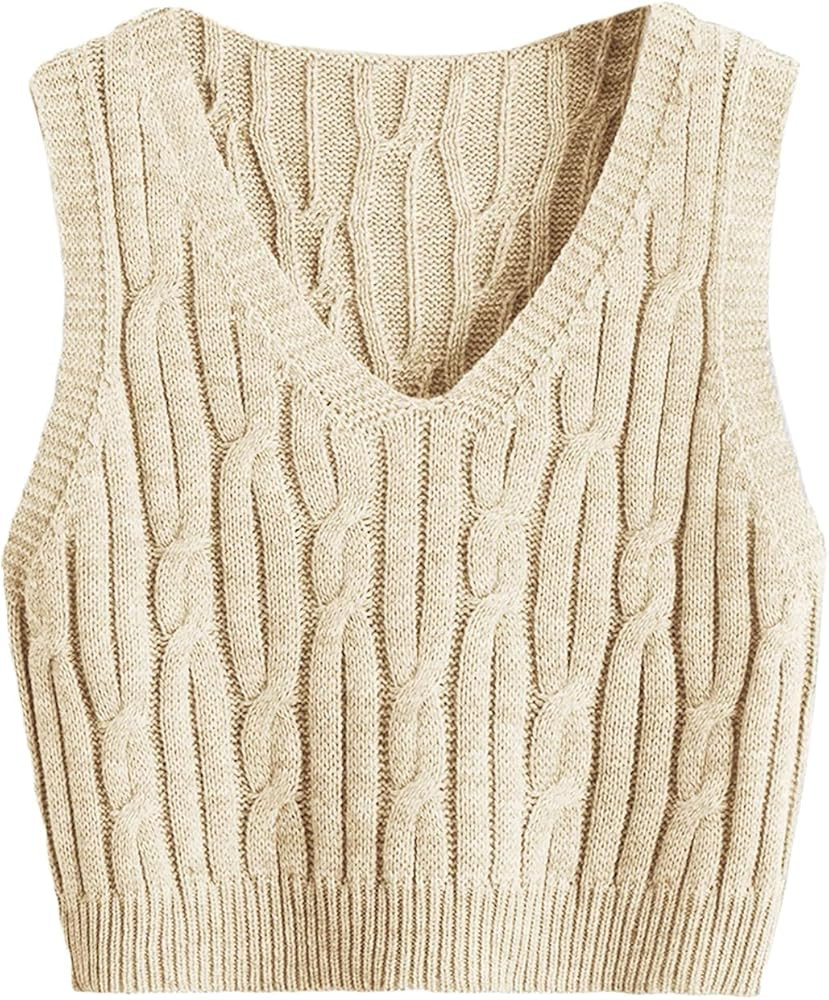 Romwe Women's Cable Knit Crop Sweater Vest Preppy Style Sleeveless V Neck Knitwear Tank Tops | Amazon (US)