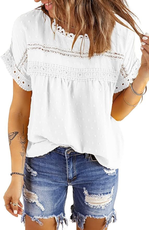 Womens Summer Boho Tops Casual Short Sleeve Shirt Crewneck Lace Crochet Chiffon Blouses | Amazon (US)