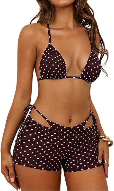 Women's 3 Piece Triangle Bikini Set Polka Dot Halter Swimsuit Cover Up Shorts Sexy Vacation Bathi... | Amazon (US)