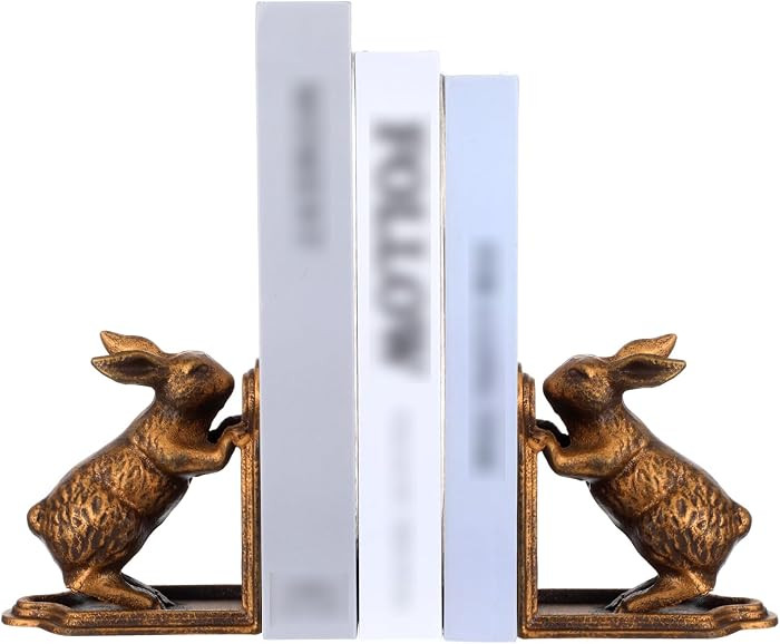 2 Pcs Decorative Bookends Antique Gold Bunny Book Ends, Heavy Duty Cast Iron Book Ends for Shelve... | Amazon (US)