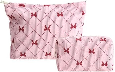 LYDZTION 2PCS Cute Corduroy Makeup Bag Set for Women, Small Travel Toiletry Bag, Coquette Cosmeti... | Amazon (US)