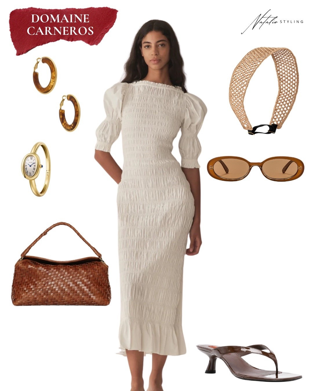 This smocked ivory midi dress stands out with its beautiful texture, subtle structure, and romantic silhouette. Paired with earthy woven accessories for a winery outfit that feels elevated, intentional, and truly unique.

#LTKootd #LTKSeasonal #LTKTravel
