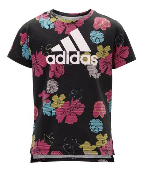adidas Black & Pink Floral 'Adidas' Logo Tee - Girls | Zulily