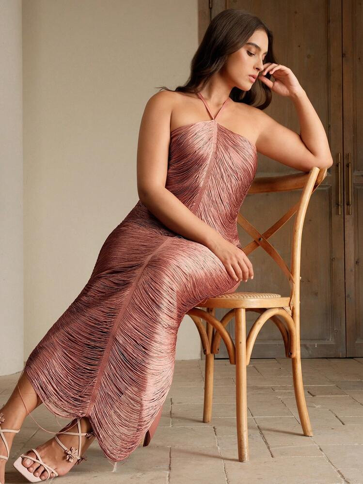 SHEIN X Scheana Anewsta Plus Size Women's Fringe Boho Halter Neck Bandage Party Dress - Vintage Elegant Couture Vibe, Spring/Summer Event Wear | SHEIN