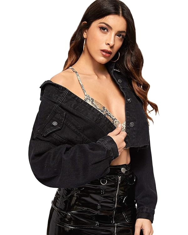 Floerns Women's Casual Drop Shoulder Ripped Crop Denim Jean Jacket | Amazon (US)