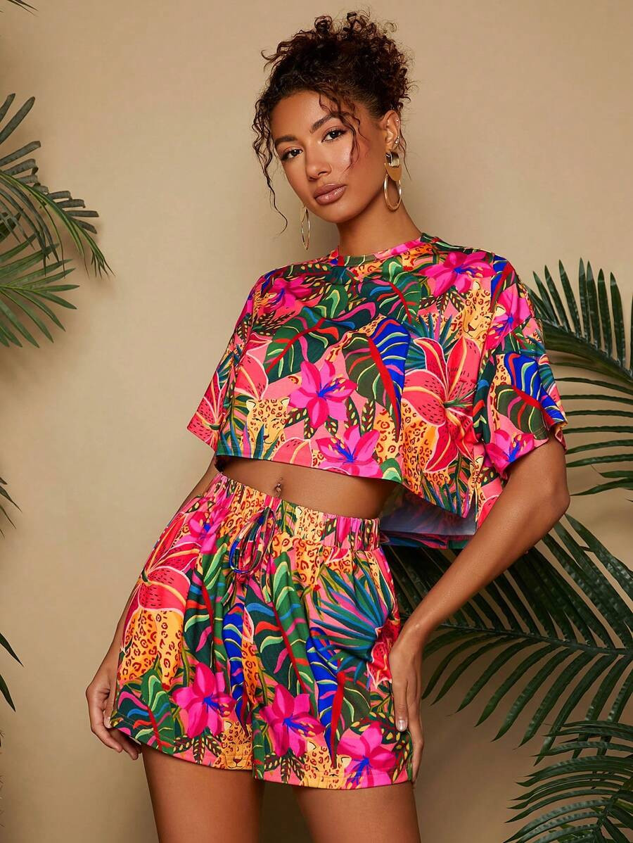 Travachic Tropical Plant Print T-Shirt And Pants Women Summer Two Pieces Outfits | SHEIN