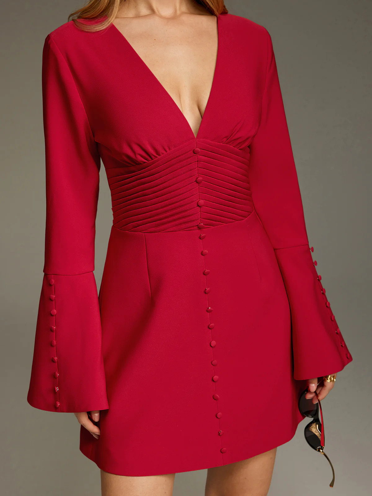 Deep V Ruched Bell-Sleeve Mini Dress | Commense