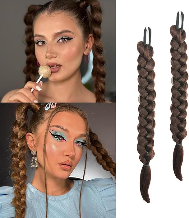 shufang 2 Packs 16 Inch Brown Long Braid Ponytail Extension for Black Women with Hair Tie Straigh... | Amazon (US)