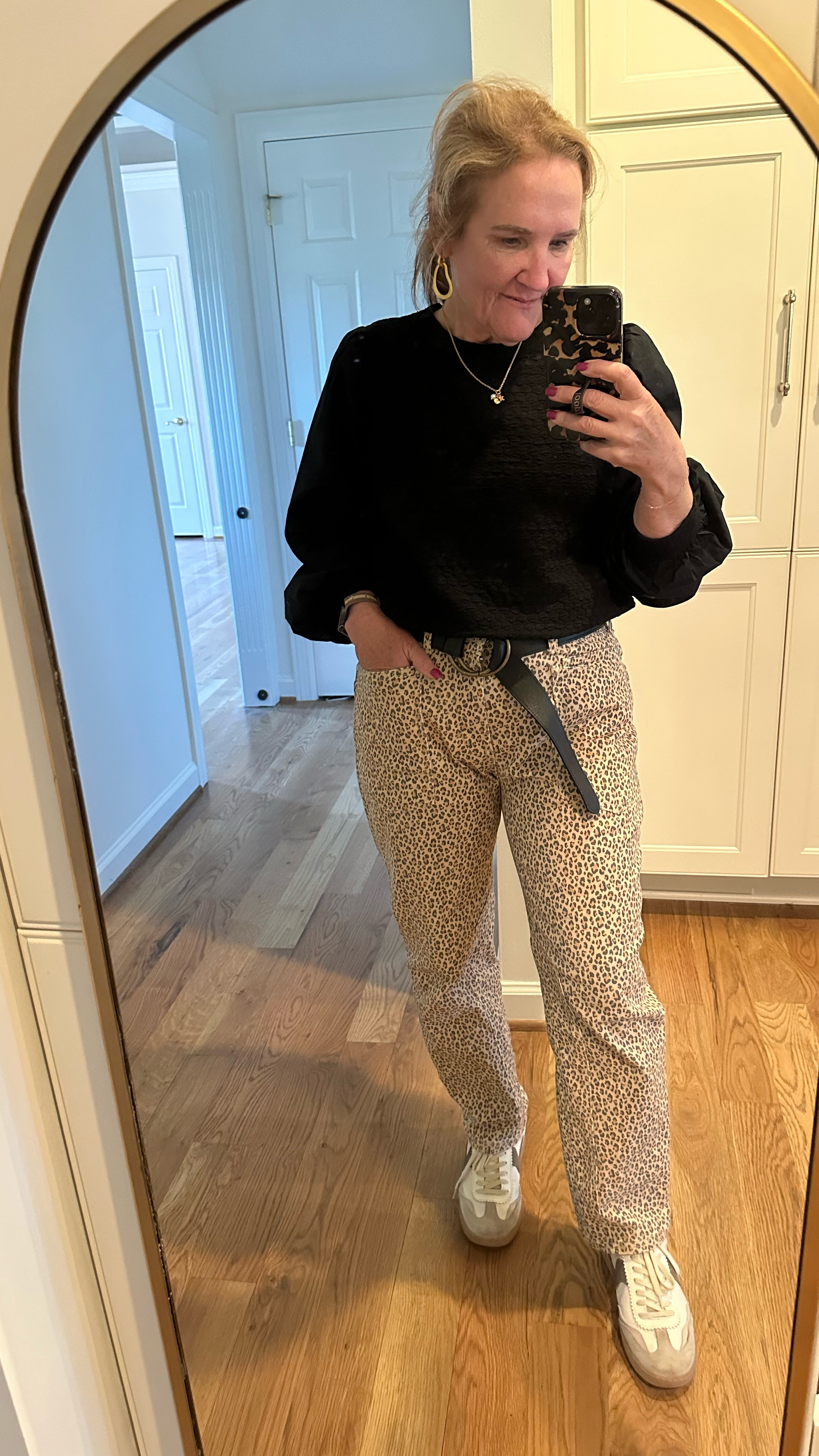 Relaxed Saturday style 
Leopard denim utility pants size 28 size down! I wore these a lot this winter. Fun to put them back on! 
Textured mixed media top/sweatshirt size medium 
Notice sneakers 
Julie Vos necklace and earrings. 

Have a great night! Getting the house organized now that the painters have left 

#LTKMidsize #LTKOver40 #LTKWatchNow