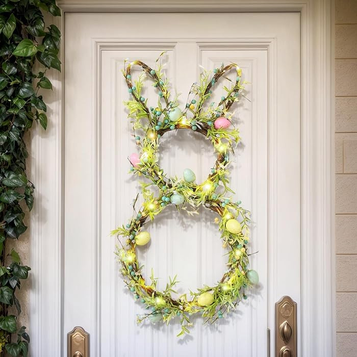[Timer] Easter Bunny Wreath for Front Door, Lighted Easter Wreaths with 30 LED Warm Lights, Folda... | Amazon (US)