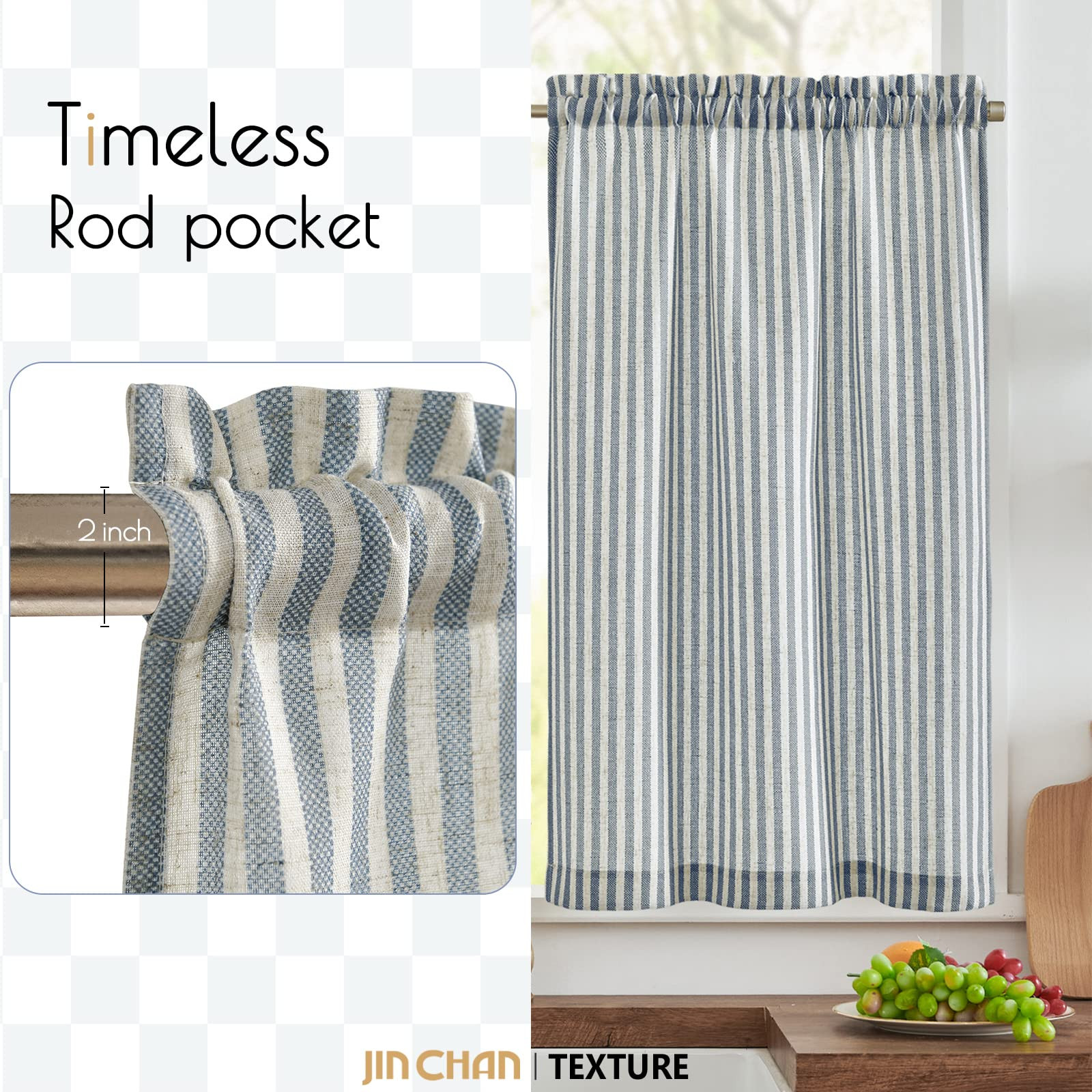 JINCHAN Kitchen Curtains Striped Tier Curtains Ticking Stripe Linen Curtains Pinstripe Cafe Curta... | Amazon (US)