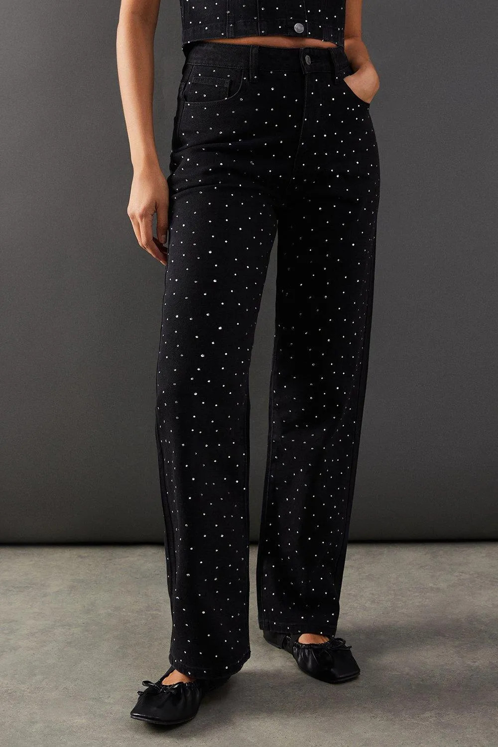 Jeans | Denim All Over Hotfix Straight Leg High Waisted Jean | Warehouse | Warehouse UK & IE