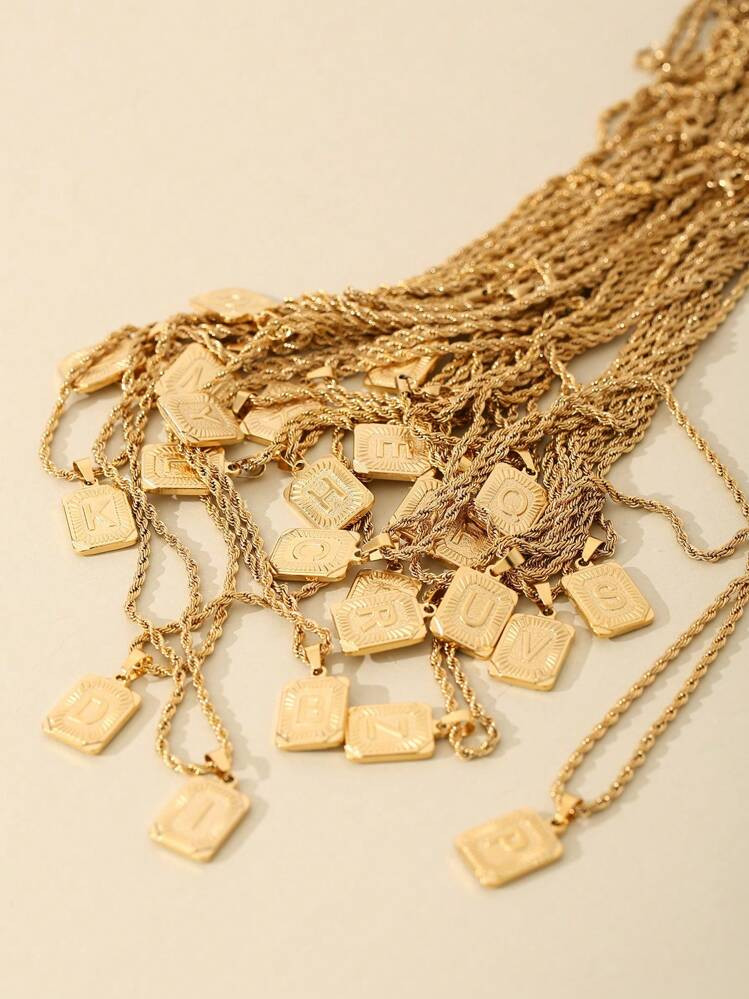 1pc Men's Stainless Steel Gold Chain Necklace With Square Letter Pendant, A-Z Letter Jewelry | SHEIN