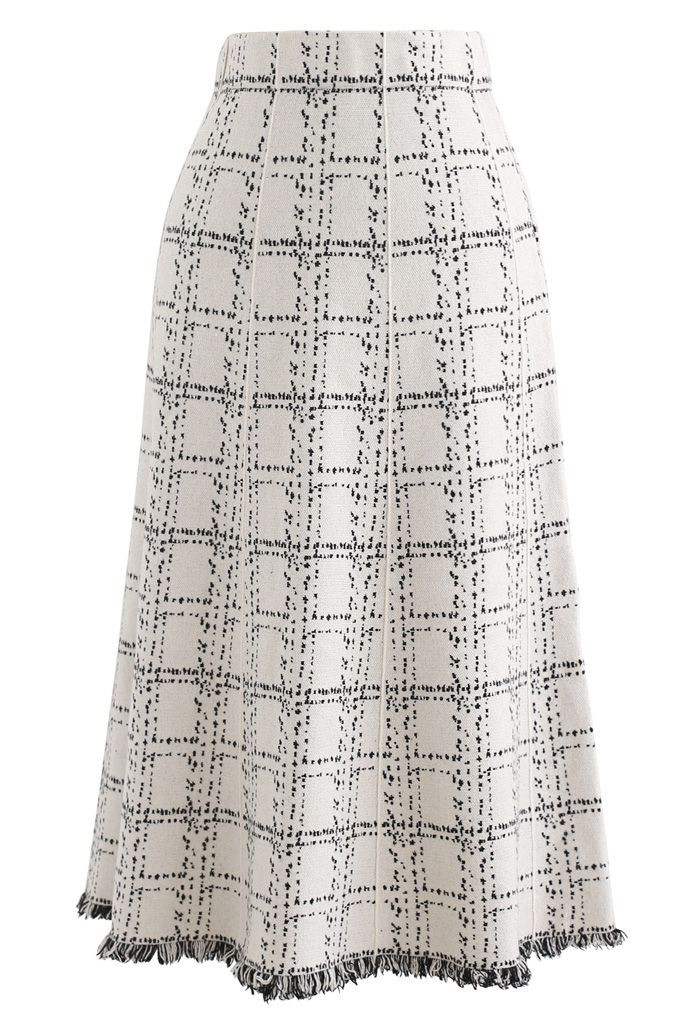 Grid Fringe Hem Knit Skirt in Ivory | Chicwish