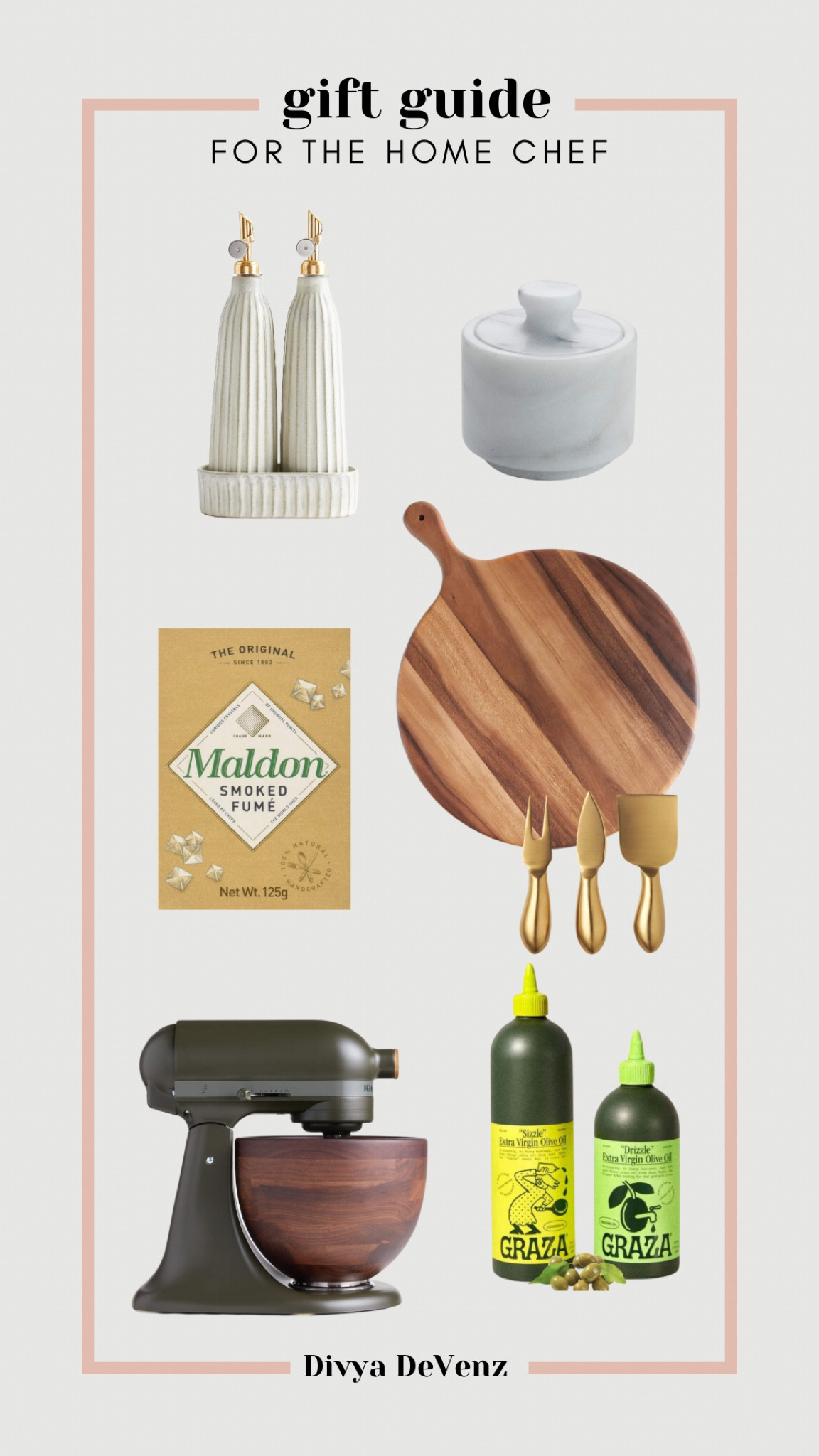 Gift guide for the home chef under $25, $50, $100 or more. Oil and vinegar dispensers, marble salt cellar, Kitchenaid stand mixer, cheese board and knives, olive oil to cook and drizzle as a finishing touch and the perfect flaky salt. 