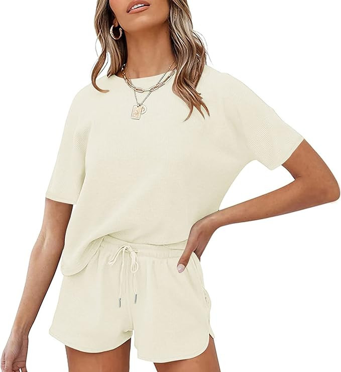 MEROKEETY Women's Short Sleeve Waffle Pajama Sets Lounge Top and Shorts 2 Piece Tracksuit Outfits | Amazon (US)
