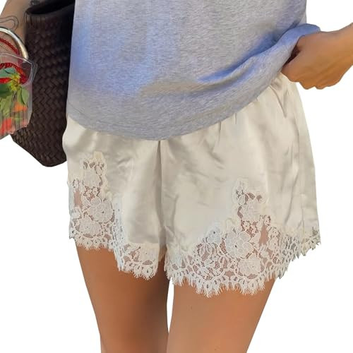 Caziffer Women Satin Silk Shorts Lace Trim Patchwork Micro Shorts Mini Silky Low Rise Coquette Lounge Slip Bottoms (B Ivory, S) | Amazon (UK)