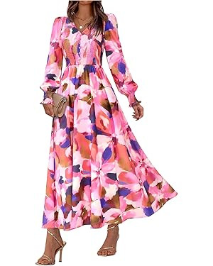 BTFBM Women Spring Wedding Guest Maxi Dresses 2026 Floral V Neck Long Sleeve Boho Long Dress Vaca... | Amazon (US)