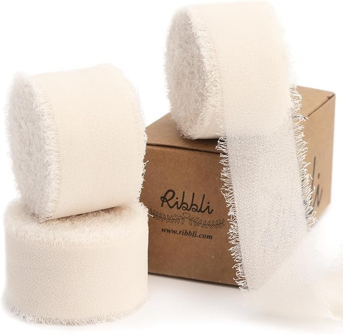 Ribbli Cream White Ribbon 1 Inch x 3 Rolls Total 24 Yards Cream Handmade Fringe Chiffon Silk Ribb... | Amazon (US)