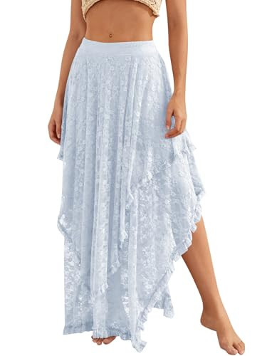 YKR Womens Lace Long Skirts Elastic Asymmetrical Layered Hem Sexy See-Through Flowy Skirts Floral Beach Maxi Skirt Blue L | Amazon (US)