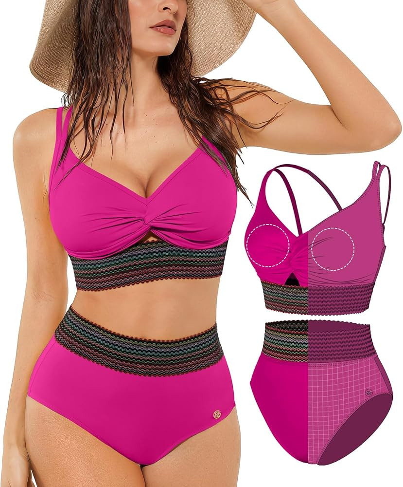 Popilush Tummy Control Swimsuits for Women - High Waisted Bikini Sets Shapewear with Boho Trim 4 ... | Amazon (US)