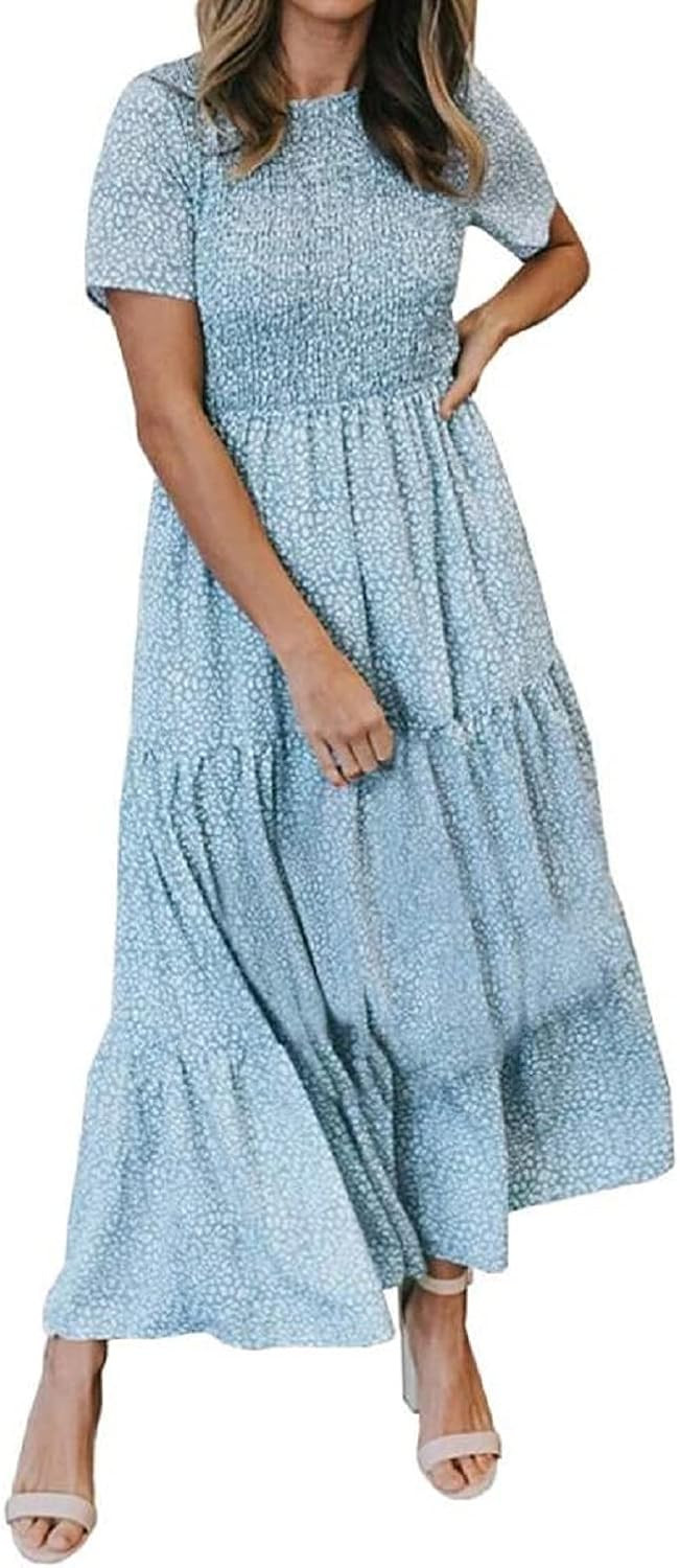 Round Neck Short Sleeve Smocked Maxi Dress for Women Summer Bohemian Ruffle Floral Tiered Dress | Amazon (US)
