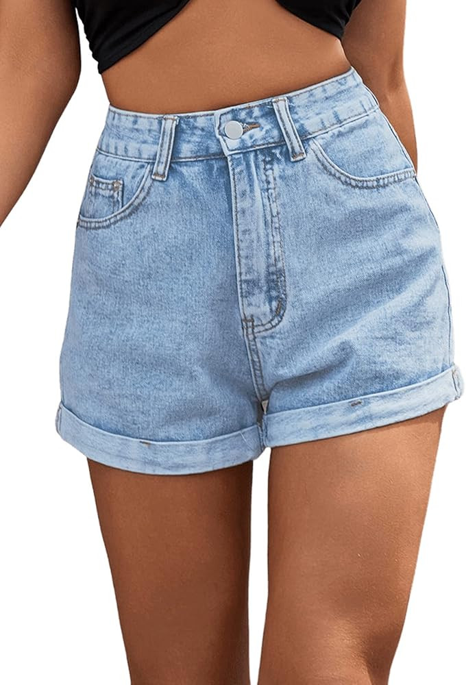 SweatyRocks Women's High Rise Roll Up Hem Straight Leg Denim Jean Shorts with Pocket | Amazon (US)