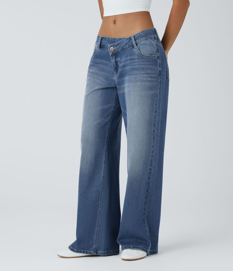 Women’s Halara Flex™ Asymmetric Low Rise Zipper Pockets Baggy Wide Leg Washed Casual Jeans - ... | HALARA