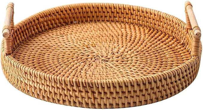 ORYOUGO Hand Woven Rattan Serving Tray Decorative Round Rattan Storage Plate with Handles Rustic ... | Amazon (US)