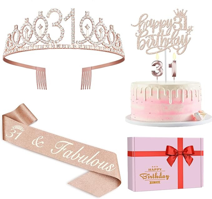 31 Birthday Decorations for Women Including Birthday Sash, Crown/Tiara, Numeral Candles and Cake ... | Amazon (US)