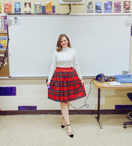 Red plaid skirt - use size chart for size 
White turtleneck 
Christmas outfit, holiday outfit 
Cap toe suede flats - use code SARAHFLINT-BAHTS for $50 off 

#LTKshoecrush #LTKSeasonal #LTKHoliday