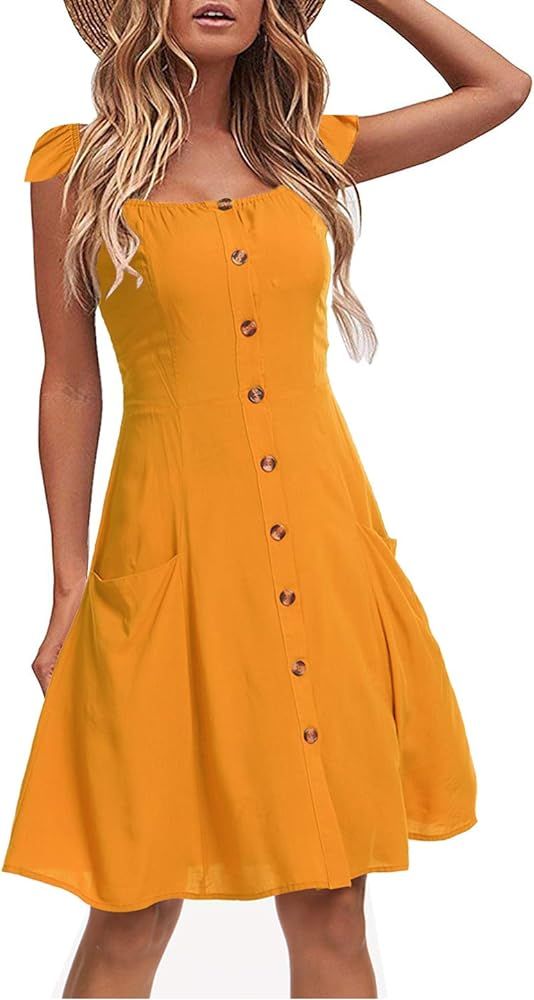 Alice & Elmer Women's Casual Beach Summer Dress Pocket Button Down Spaghetti Strap Black Sundress | Amazon (US)