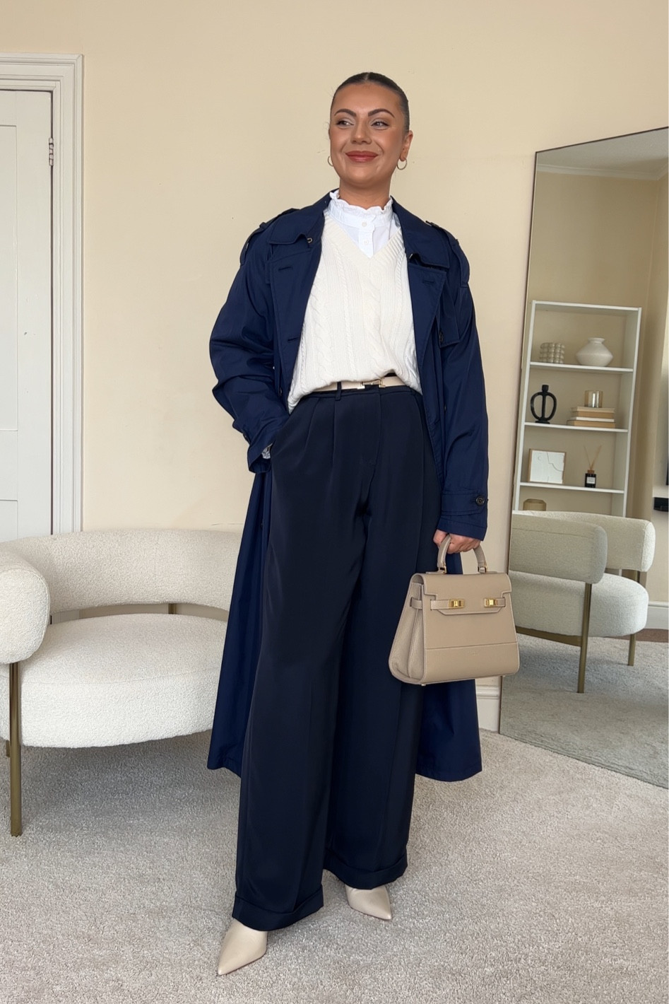 Styling navy trousers for autumn, smart casual outfit.
Blouse is from H&M, wearing size S.
Jumper is from LilySilk, wearing size S.
Trench coat is from Ralph Lauren, wearing size UK8.
Trousers are from LilySilk, wearing size UK14.
Boots are from Dune. Bag is from Teddy Blake.
Some items are no longer available so I’ve linked similar.

#LTKstyletip #LTKeurope #LTKfindsunder100