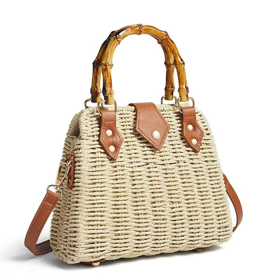 Woven Straw Handbag with Bamboo Handle, Brown Leather Trim, Crossbody Strap, Natural | Amazon (US)
