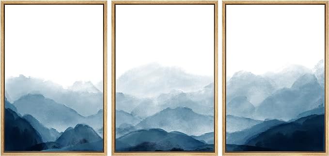 SIGNWIN Framed Canvas Print Wall Art Blue Watercolor Mountains in Fog Nature Wilderness Illustrat... | Amazon (US)