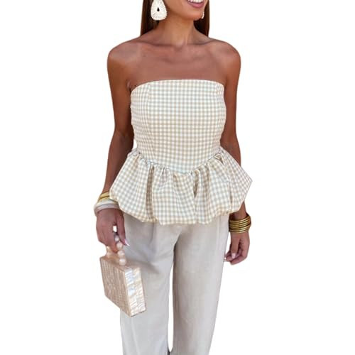 Women's Y2k Bubble Tube Tops Solid Color Strapless Bandeau Puffball Hem Cropped Tank Tops 90s Coquette Streetwear (Z2 Khaki, S) | Amazon (US)